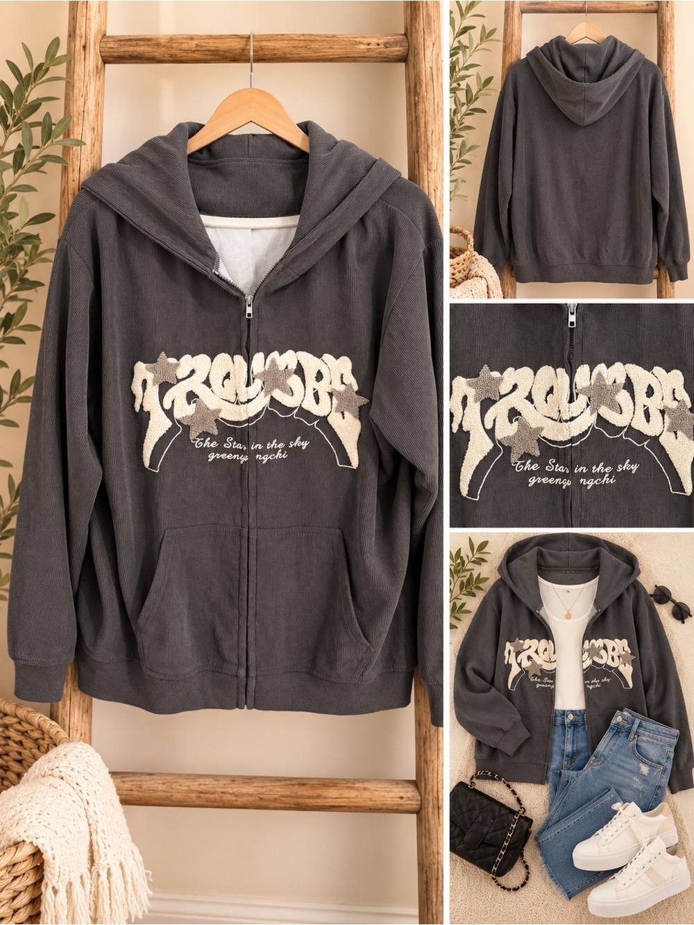 Charcoal Graphic Zip-Up Corduroy Hoodie Jacket “Trouble” Size XL